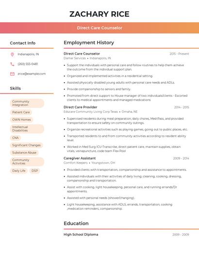 Direct Care Counselor Resume