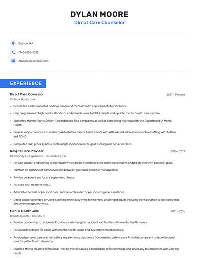 Direct Care Counselor Resume