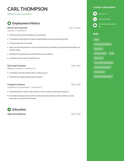 Direct Care Counselor Resume