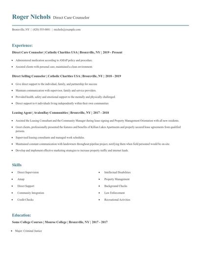 Direct Care Counselor Resume