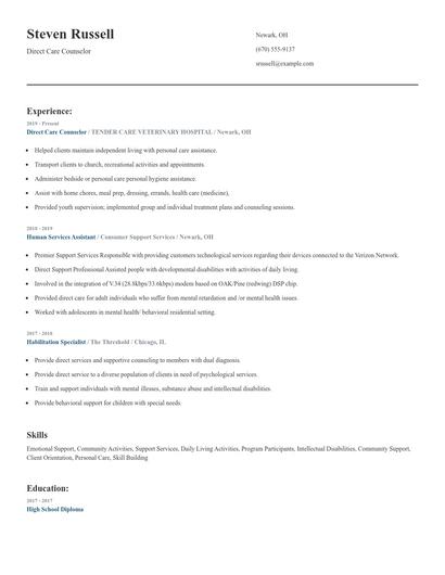 Direct Care Counselor Resume