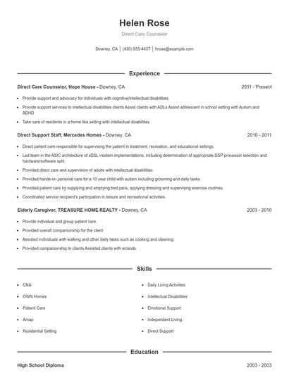 Direct Care Counselor Resume