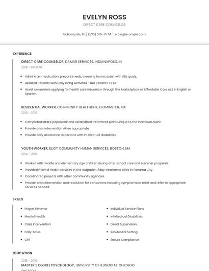 Direct Care Counselor Resume