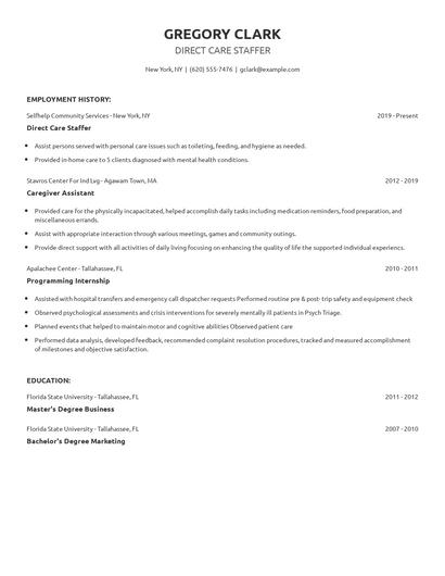 Direct Care Staffer Resume