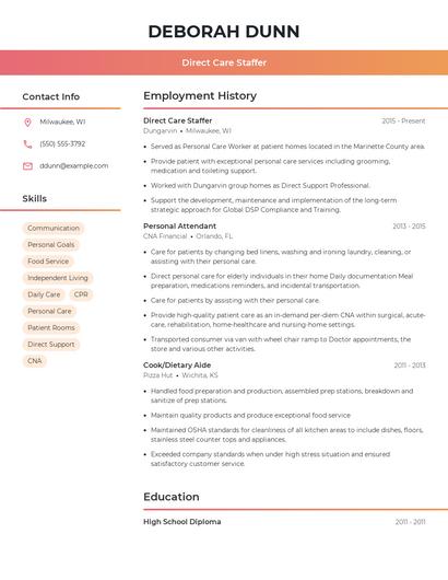 Direct Care Staffer Resume