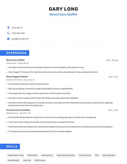 Direct Care Staffer Resume
