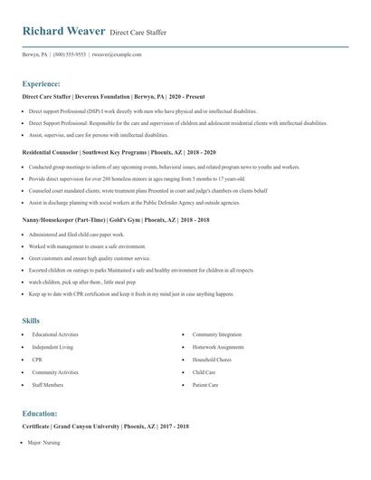 Direct Care Staffer Resume