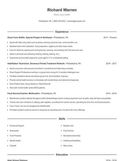 Direct Care Staffer Resume