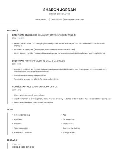 Direct Care Staffer Resume