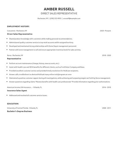 Direct Sales Representative Resume