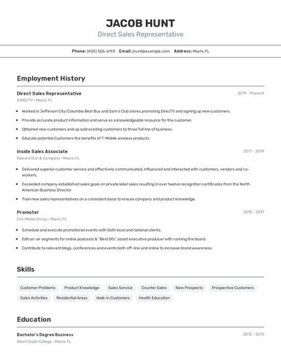 Direct Sales Representative Resume