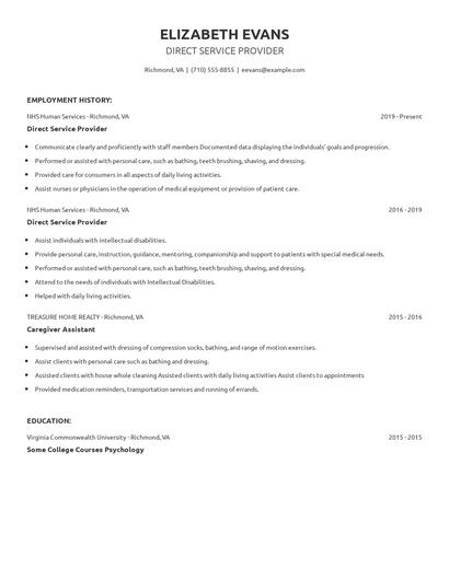 Direct Service Provider Resume