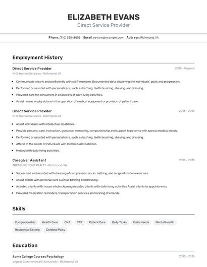Direct Service Provider Resume