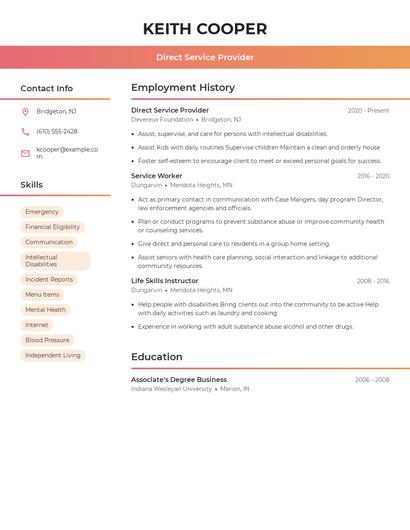 Direct Service Provider Resume