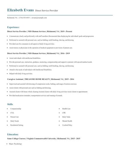 Direct Service Provider Resume