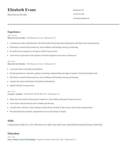 Direct Service Provider Resume