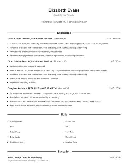 Direct Service Provider Resume