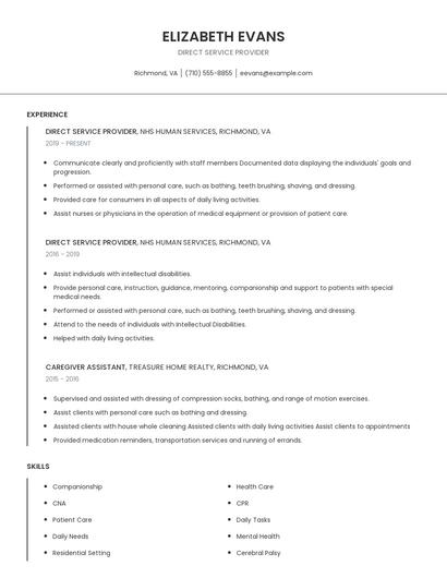 Direct Service Provider Resume