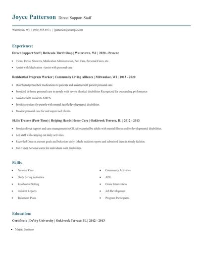 Direct Support Staff Resume