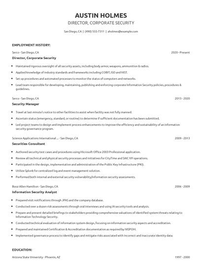 Director, Corporate Security Resume