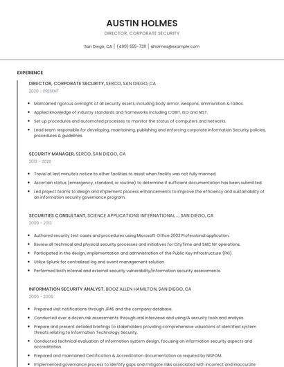 Director, Corporate Security Resume