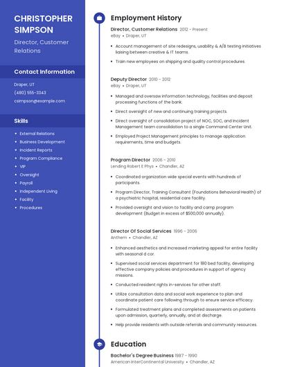 Director, Customer Relations Resume