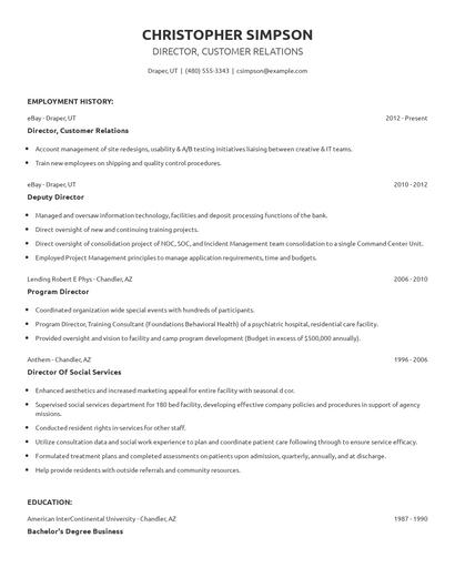 Director, Customer Relations Resume