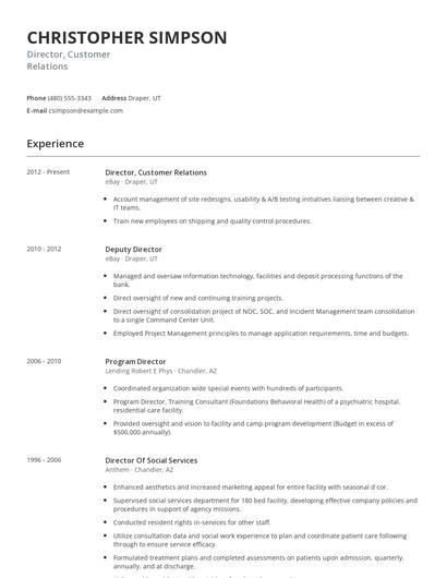 Director, Customer Relations Resume