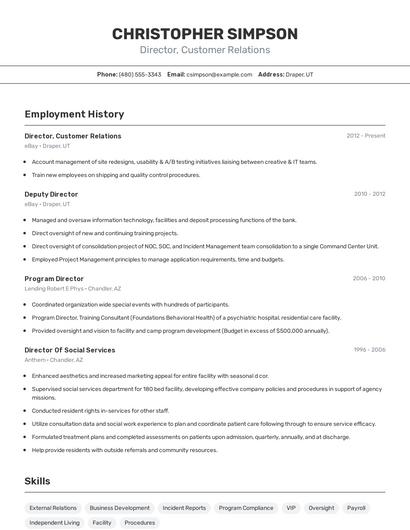 Director, Customer Relations Resume