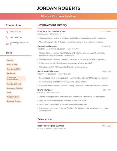 Director, Customer Relations Resume