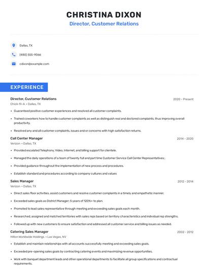 Director, Customer Relations Resume
