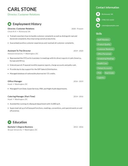 Director, Customer Relations Resume