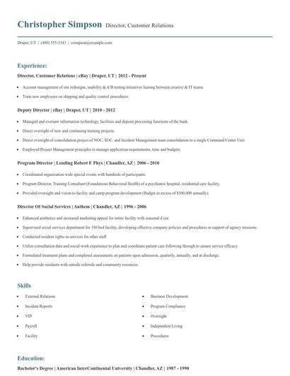 Director, Customer Relations Resume