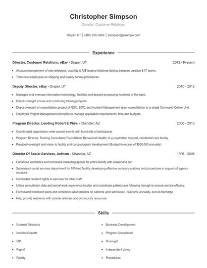 Director, Customer Relations Resume