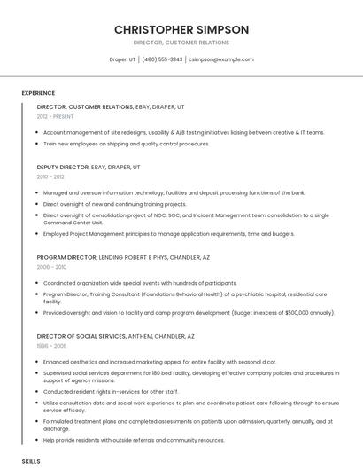 Director, Customer Relations Resume