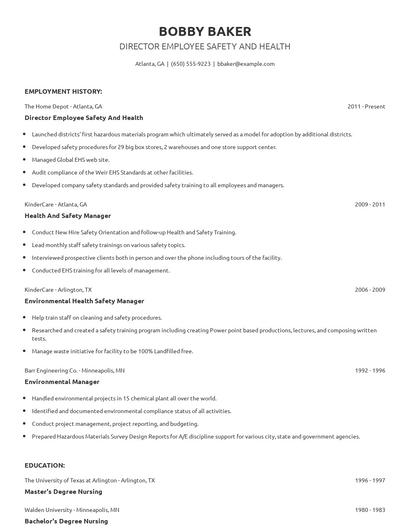 Director Employee Safety And Health Resume