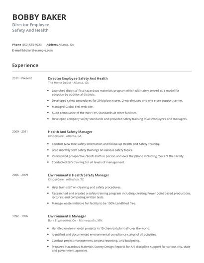 Director Employee Safety And Health Resume