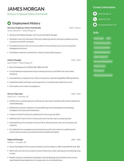Director Employee Safety And Health Resume