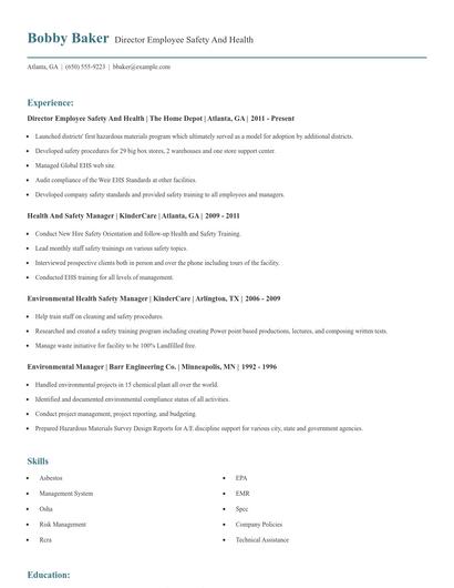 Director Employee Safety And Health Resume