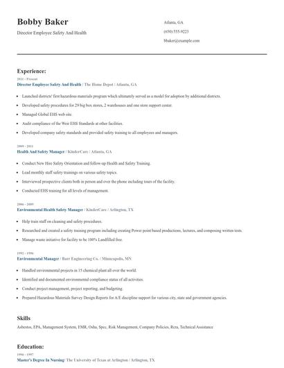 Director Employee Safety And Health Resume