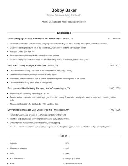 Director Employee Safety And Health Resume