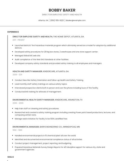 Director Employee Safety And Health Resume