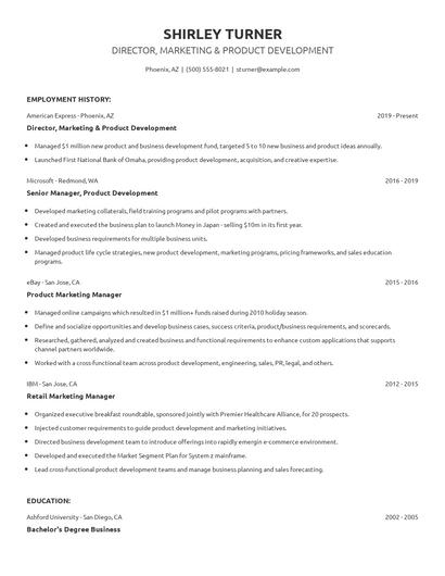 Director, Marketing & Product Development Resume
