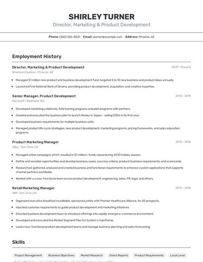 Director, Marketing & Product Development Resume