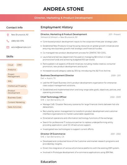 Director, Marketing & Product Development Resume