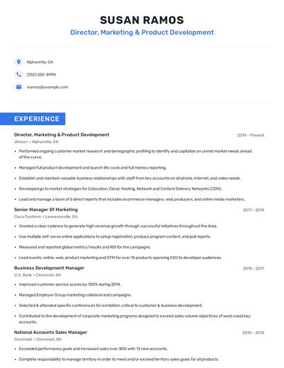 Director, Marketing & Product Development Resume