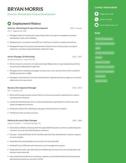 Director, Marketing & Product Development Resume