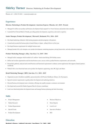 Director, Marketing & Product Development Resume
