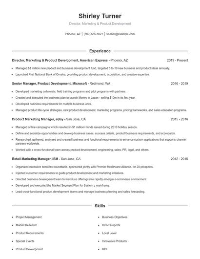Director, Marketing & Product Development Resume