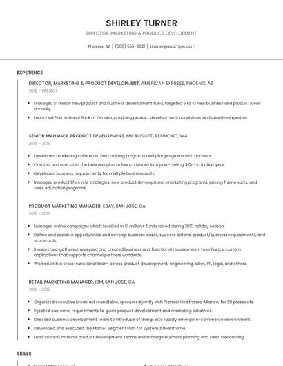 Director, Marketing & Product Development Resume